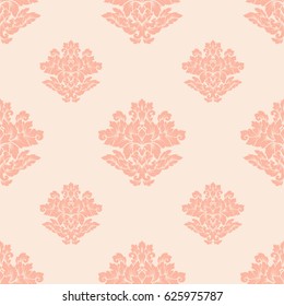 Damask seamless pattern intricate design. Luxury royal ornament, victorian texture for wallpapers, textile, wrapping . Exquisite floral baroque lacy flourish in vintage peachy colors.