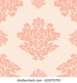 Damask seamless pattern intricate design. Luxury royal ornament, victorian texture for wallpapers, textile, wrapping . Exquisite floral baroque lacy flourish in vintage peachy colors.