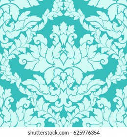 Damask seamless pattern intricate design. Luxury royal ornament, victorian texture for wallpapers, textile, wrapping. Exquisite floral baroque lacy flourish in soft mint green colors.