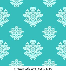 Damask seamless pattern intricate design. Luxury royal ornament, victorian texture for wallpapers, textile, wrapping. Exquisite floral baroque lacy flourish in soft mint green colors.