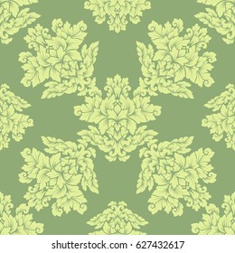 Damask seamless pattern intricate design. Luxury royal ornament, victorian texture for wallpapers, textile, wrapping. Exquisite floral baroque lacy flourish repeating tile in soft pastel green color.