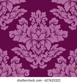 Damask seamless pattern intricate design. Luxury ornament, victorian texture for wallpapers, textile, wrapping. Exquisite floral baroque lacy flourish repeating tile in rich pink and purple colo