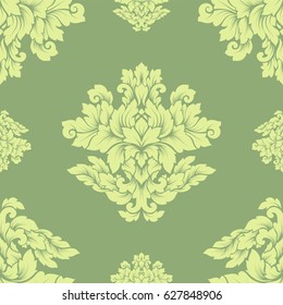 Damask seamless pattern intricate design. Luxury royal ornament, victorian texture for wallpapers, textile, wrapping. Exquisite floral baroque lacy flourish repeating tile in soft pastel green color.