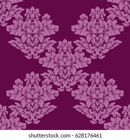 Damask seamless pattern intricate design. Luxury ornament, victorian texture for wallpapers, textile, wrapping. Exquisite floral baroque lacy flourish repeating tile in rich pink and purple colors.