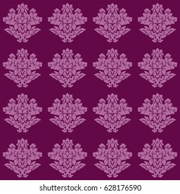 Damask seamless pattern intricate design. Luxury ornament, victorian texture for wallpapers, textile, wrapping. Exquisite floral baroque lacy flourish repeating tile in rich pink and purple colors.
