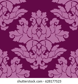 Damask seamless pattern intricate design. Luxury ornament, victorian texture for wallpapers, textile, wrapping. Exquisite floral baroque lacy flourish repeating tile in rich pink and purple colors.