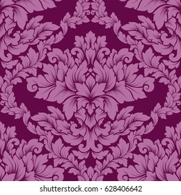 Damask seamless pattern intricate design. Luxury ornament, victorian texture for wallpapers, textile, wrapping. Exquisite floral baroque lacy flourish repeating tile in rich pink and purple colors.