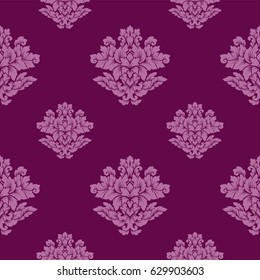 Damask seamless pattern intricate design. Luxury ornament, victorian texture for wallpapers, textile, wrapping. Exquisite floral baroque lacy flourish repeating tile in rich pink and purple colors.