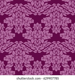 Damask seamless pattern intricate design. Luxury ornament, victorian texture for wallpapers, textile, wrapping. Exquisite floral baroque lacy flourish repeating tile in rich pink and purple colors.