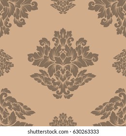 Damask seamless pattern intricate design. Luxury royal ornament, victorian texture for wallpapers, textile, wrapping. Exquisite floral baroque lacy flourish repeating tile in soft beige color