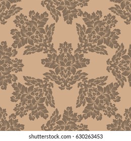 Damask seamless pattern intricate design. Luxury royal ornament, victorian texture for wallpapers, textile, wrapping. Exquisite floral baroque lacy flourish repeating tile in soft beige color