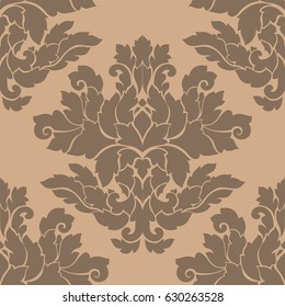 Damask seamless pattern intricate design. Luxury royal ornament, victorian texture for wallpapers, textile, wrapping. Exquisite floral baroque lacy flourish repeating tile in soft beige color