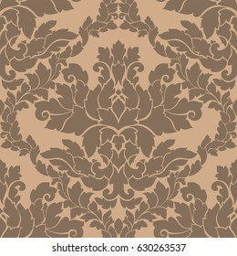 Damask seamless pattern intricate design. Luxury royal ornament, victorian texture for wallpapers, textile, wrapping. Exquisite floral baroque lacy flourish repeating tile in soft beige color