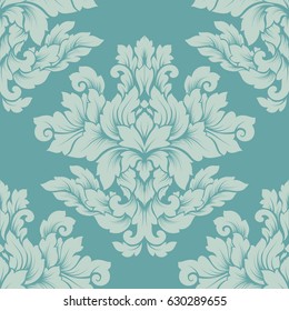 Damask seamless pattern intricate design. Luxury royal ornament, victorian texture for wallpapers, textile, wrapping. Exquisite floral baroque flourish repeating tile in soft pastel turquoise colors.