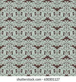 Damask seamless pattern intricate design. Luxury royal ornament, victorian texture for wallpapers, textile, wrapping. Exquisite floral baroque lacy flourish repeating tile in brown and light blue.
