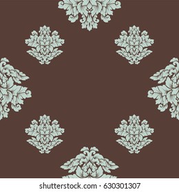 Damask seamless pattern intricate design. Luxury royal ornament, victorian texture for wallpapers, textile, wrapping. Exquisite floral baroque lacy flourish repeating tile in brown and light blue.