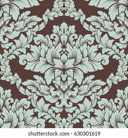 Damask seamless pattern intricate design. Luxury royal ornament, victorian texture for wallpapers, textile, wrapping. Exquisite floral baroque lacy flourish repeating tile in brown and light blue.