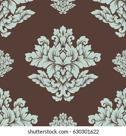Damask seamless pattern intricate design. Luxury royal ornament, victorian texture for wallpapers, textile, wrapping. Exquisite floral baroque lacy flourish repeating tile in brown and light blue.