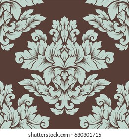 Damask seamless pattern intricate design. Luxury royal ornament, victorian texture for wallpapers, textile, wrapping. Exquisite floral baroque lacy flourish repeating tile in brown and light blue.