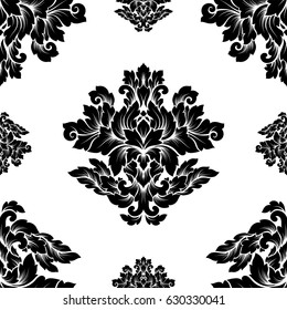 Damask seamless pattern intricate design. Luxury royal ornament, victorian texture for wallpapers, textile, wrapping. Exquisite floral baroque lacy flourish in black and white monochrome colors.