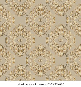 Damask seamless pattern. Light beige background wallpaper illustration with vintage hand drawn gold 3d flowers, leaves and antique ornaments in Baroque style. Vector endless luxury texture.
