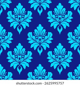 Damask seamless pattern with light blue flowers, vector illustration elegant for textile, wall paper, curtains, cushion cover, rug, scarf, upholstery fabric, decoration, vintage, luxury design