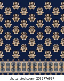 Damask seamless pattern with light brown ornament on dark blue background. Design for wallpapers , carpet and textile. Vector Illustration.