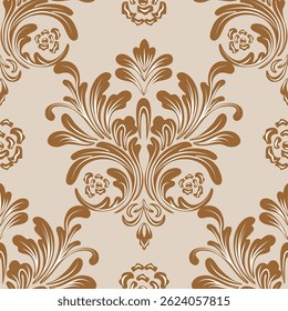 Damask seamless pattern with light brown floral elements, vintage style, luxury design, vector illustration elegant for textile, wall paper, bedding, curtains, cushion cover, rug, upholstery fabric