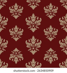 Damask seamless pattern with light brown flowers and red background, vintage design, vector illustration elegant for textile, wall paper, curtains, rug, cushion cover, bedding, upholstery fabric