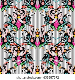 Damask  seamless pattern. Light floral vector  background wallpaper illustration with vintage hand drawn colorful   flowers, swirl scroll leaves and antique ornaments in Victorian Baroque style.
