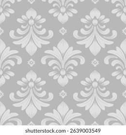 Damask seamless pattern with light gray flowers, vintage design, vector illustration elegant for textile, wall paper, bedding, curtains, cushion cover, rug, scarf, upholstery fabric, fashion, wrapping
