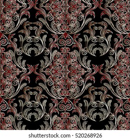 Damask seamless pattern. Luxury black ornate  background. Antique vintage decorative red flowers leaves and damask ornaments in Baroque style. Floral wallpaper.Vector ornamental  illustration.