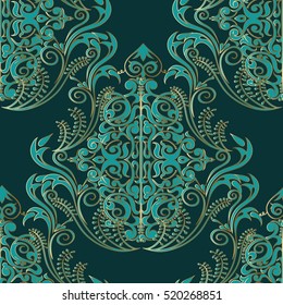 Damask seamless pattern. Luxury green background. Antique vintage decorative flowers leaves and ornaments in Baroque style. Floral wallpaper.Vector illustration.Gold outline.