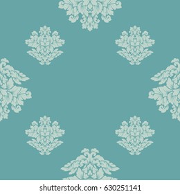 Damask seamless pattern. Luxury royal ornament, victorian texture for wallpapers, textile, wrapping. Exquisite floral baroque lacy flourish repeating tile in soft pastel turquoise colors.