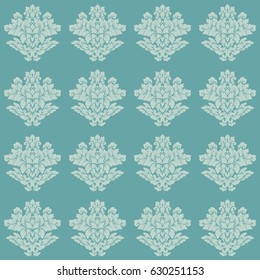 Damask seamless pattern. Luxury royal ornament, victorian texture for wallpapers, textile, wrapping. Exquisite floral baroque lacy flourish repeating tile in soft pastel turquoise colors.