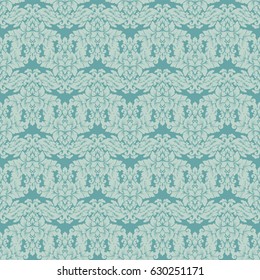 Damask seamless pattern. Luxury royal ornament, victorian texture for wallpapers, textile, wrapping. Exquisite floral baroque lacy flourish repeating tile in soft pastel turquoise colors.