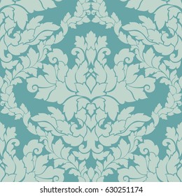 Damask seamless pattern. Luxury royal ornament, victorian texture for wallpapers, textile, wrapping. Exquisite floral baroque lacy flourish repeating tile in soft pastel turquoise colors.
