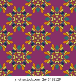 Damask seamless pattern with mandalas in retro style on a pink background. Vector illustration. Ideas for wallpaper, rugs, tiles, and textiles.