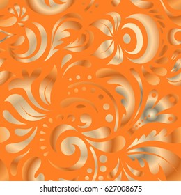Damask seamless pattern in orange and beige colors. Design for fabric, wallpaper, background, invitation, wrapping and book covers. Vector vintage doodle ornament. Oriental style. Hand drawn sketch.