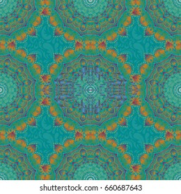 Damask seamless pattern in orange and green colors. Vector illustration.