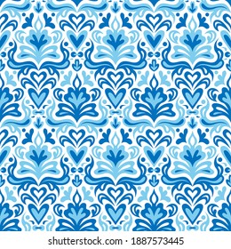 Patrón sin costuras Damask, de estilo oriental y portugués. Decoración para los textiles, baldosas de cerámica. Colores azul y blanco