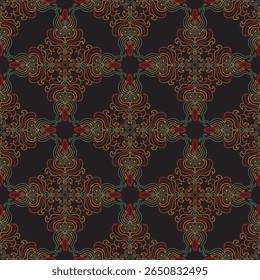 Damask Seamless pattern of ornate flowers on a black backdrop