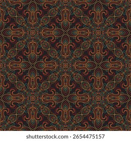 Damask Seamless pattern of ornate flowers on a black backdrop
