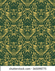 Damask seamless pattern with owl silhouette. Vintage repeating background. Gold green floral ornament in baroque style. Antique golden repeatable wallpaper.