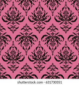 Damask seamless pattern in pink and black colors. Vector illustration.