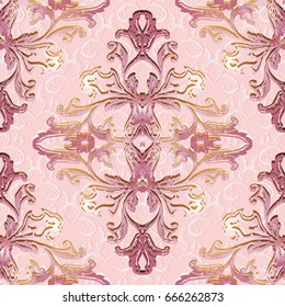 Damask seamless pattern. Pink floral background wallpaper illustration with 3d  vintage flowers, scroll swirl curve leaves and antique royal Baroque ornaments.Vector damask pattern for fabric, textile