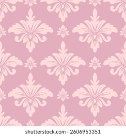 Damask seamless pattern with pink flowers, vintage, luxury style, vector illustration elegant for textile design, wall paper, bedding, curtains, cushion, scarf, rug, wrapping, decoration, interior