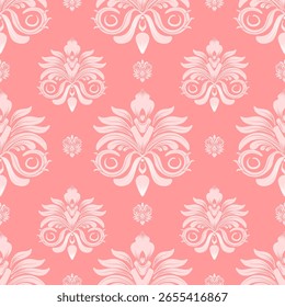 Modelo inconsútil del damasco con las flores rosadas, diseño del vintage, Ilustración vectorial elegante para la materia textil, papel de pared, ropa de cama, cortinas, cubierta del amortiguador, tela de tapicería, alfombra, bufanda, moda, decoración