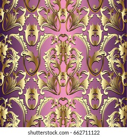 Damask seamless pattern. Purple floral background wallpaper illustration with gold  vintage 3d flowers, scroll swirl curve leaves and antique baroque ornaments. Vector surface texture