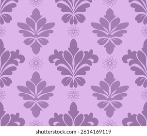 Damask seamless pattern with purple flowers, vector illustration elegant for textile design, wall paper, bedding, curtains, cushion cover, rug, scarf, upholstery fabric, decoration, interior